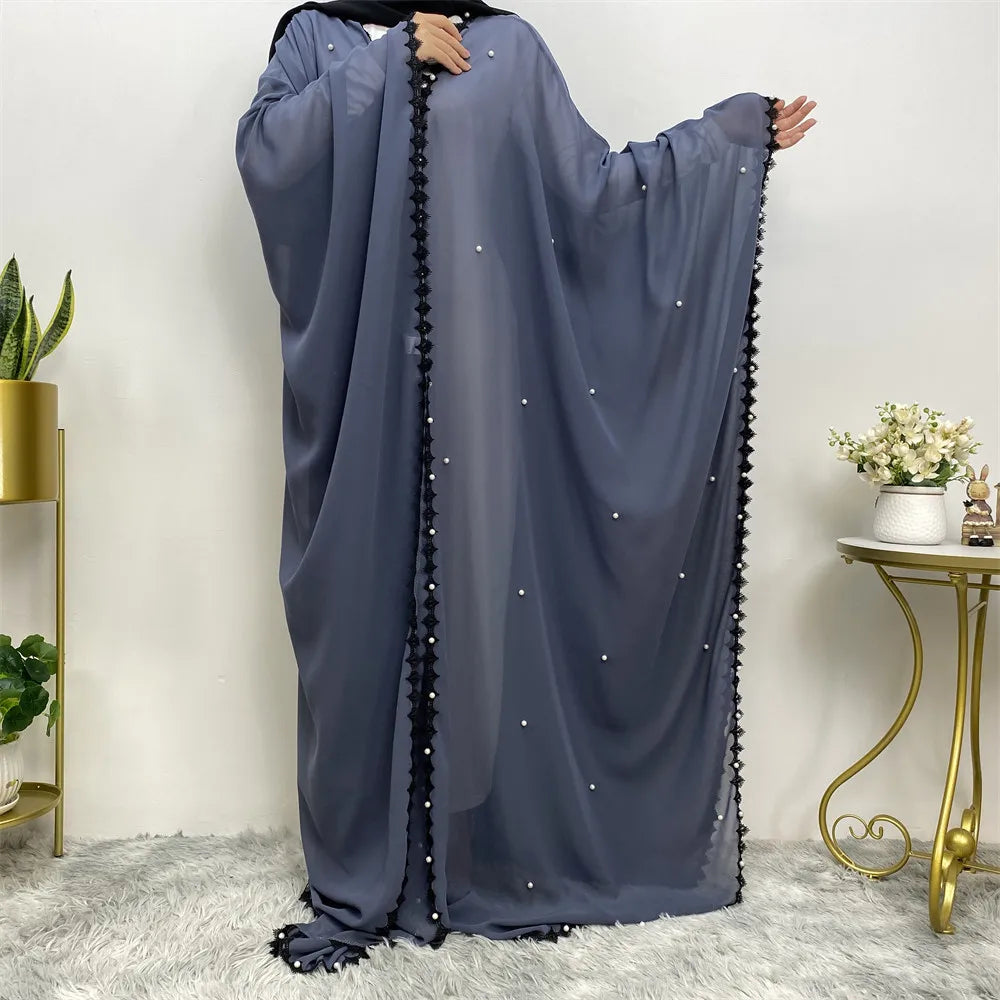 Kimono Abaya en Mousseline Bleu à Perles fluide