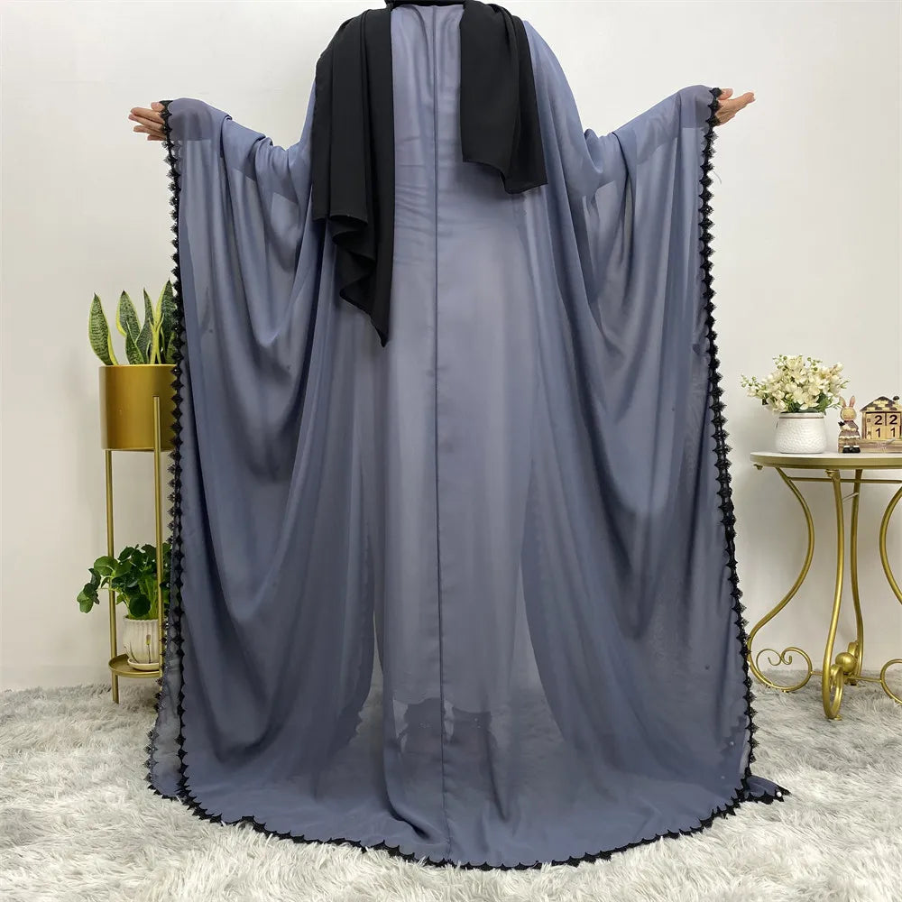 Kimono Abaya en Mousseline Bleu à Perles léger