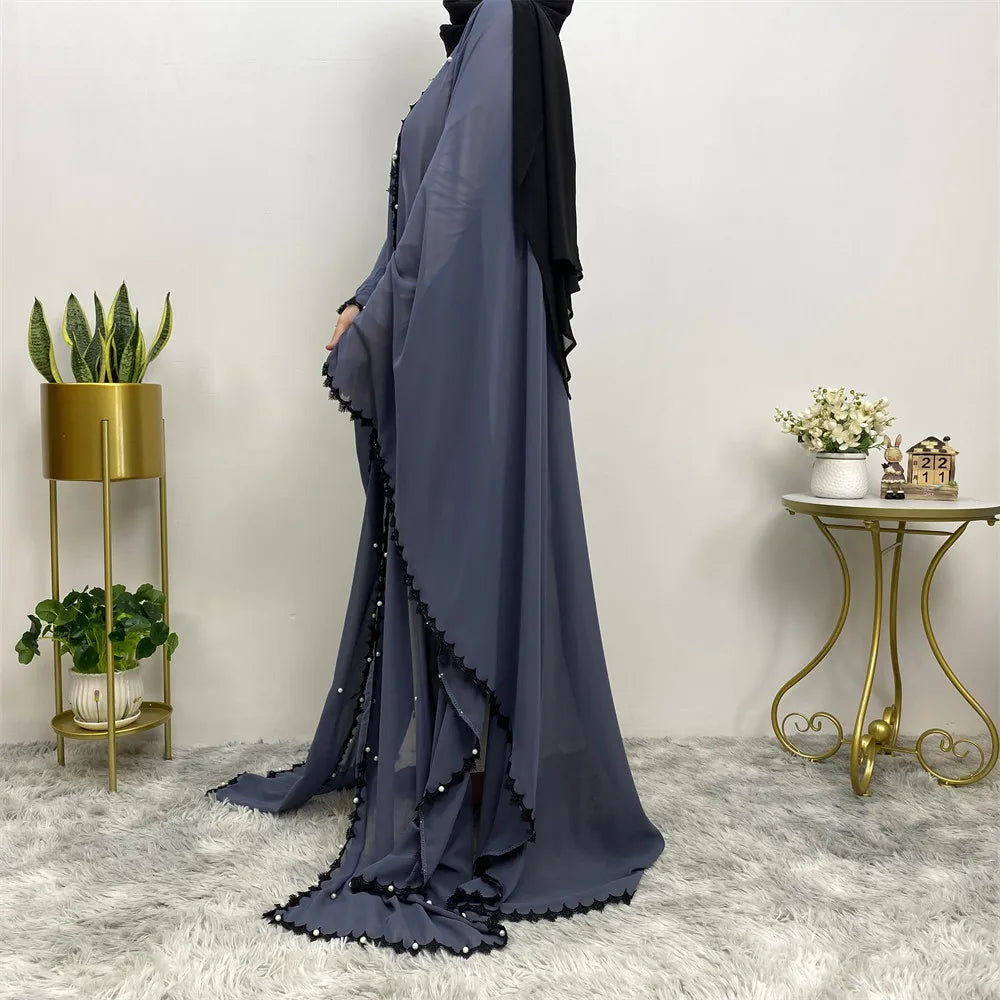 Kimono Abaya en Mousseline Bleu à Perles long