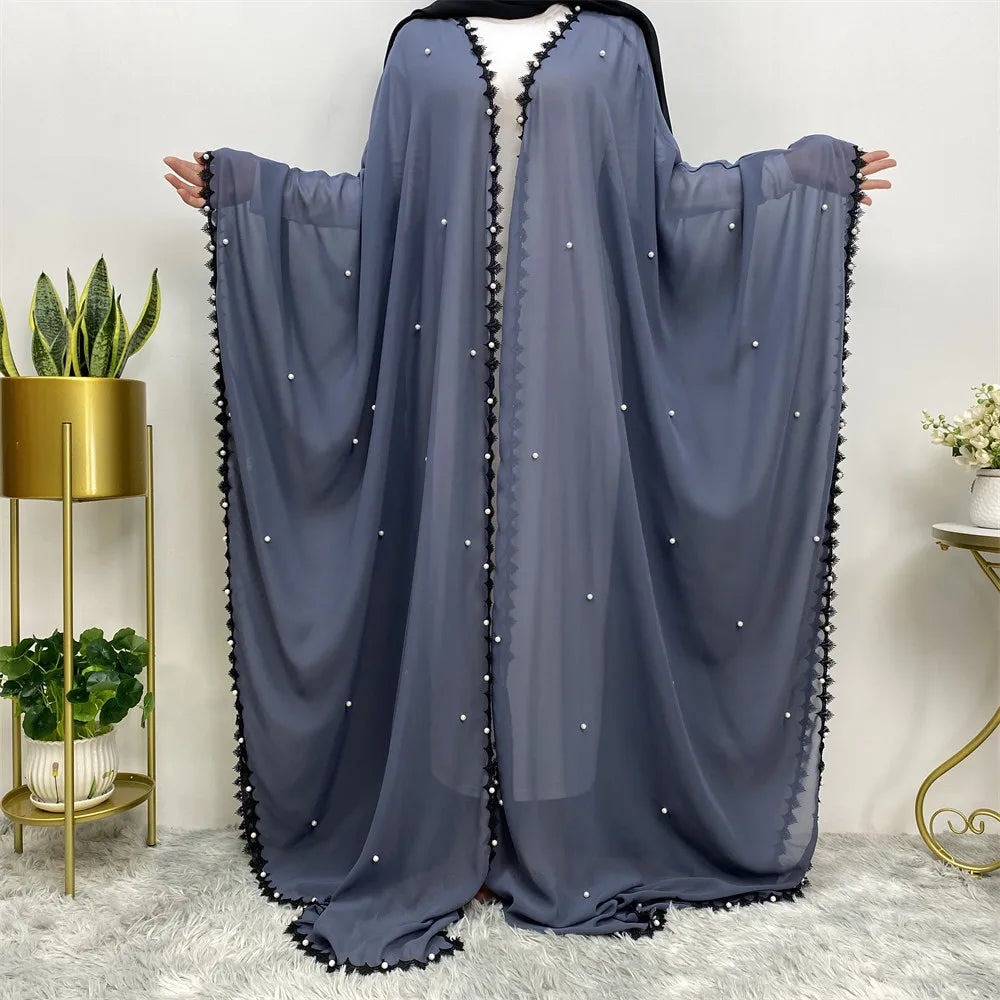 Kimono Abaya en Mousseline Bleu à Perles stylé