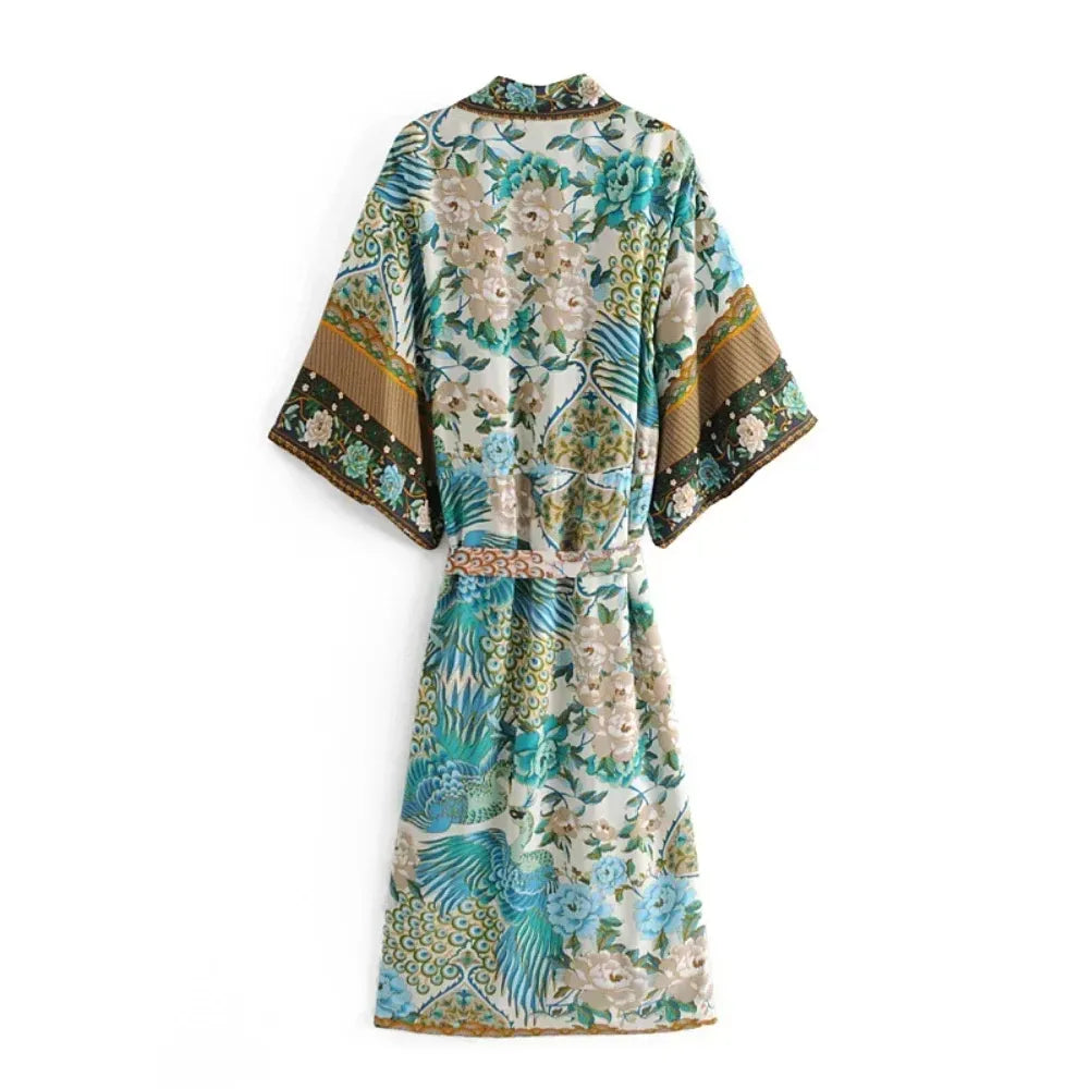 Kimono Bohème Bleu Fleuri Dos
