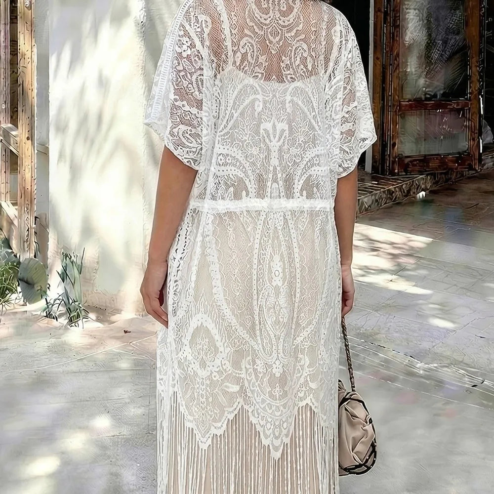 Kimono Boho Blanc à Franges Dos