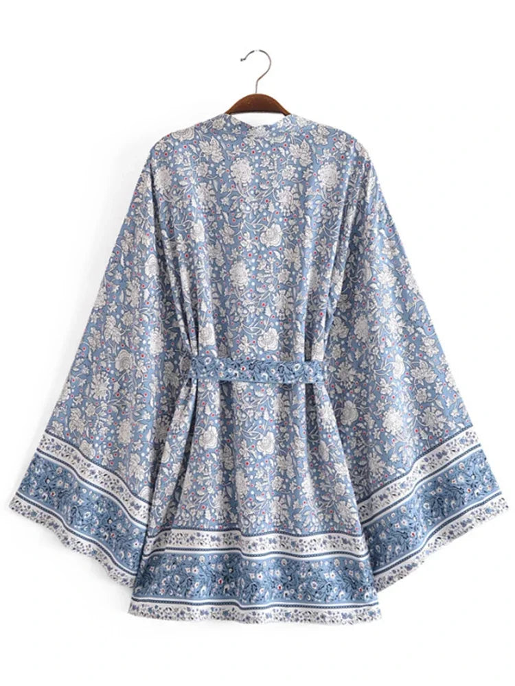 Kimono Boho Bleu Fleuri léger