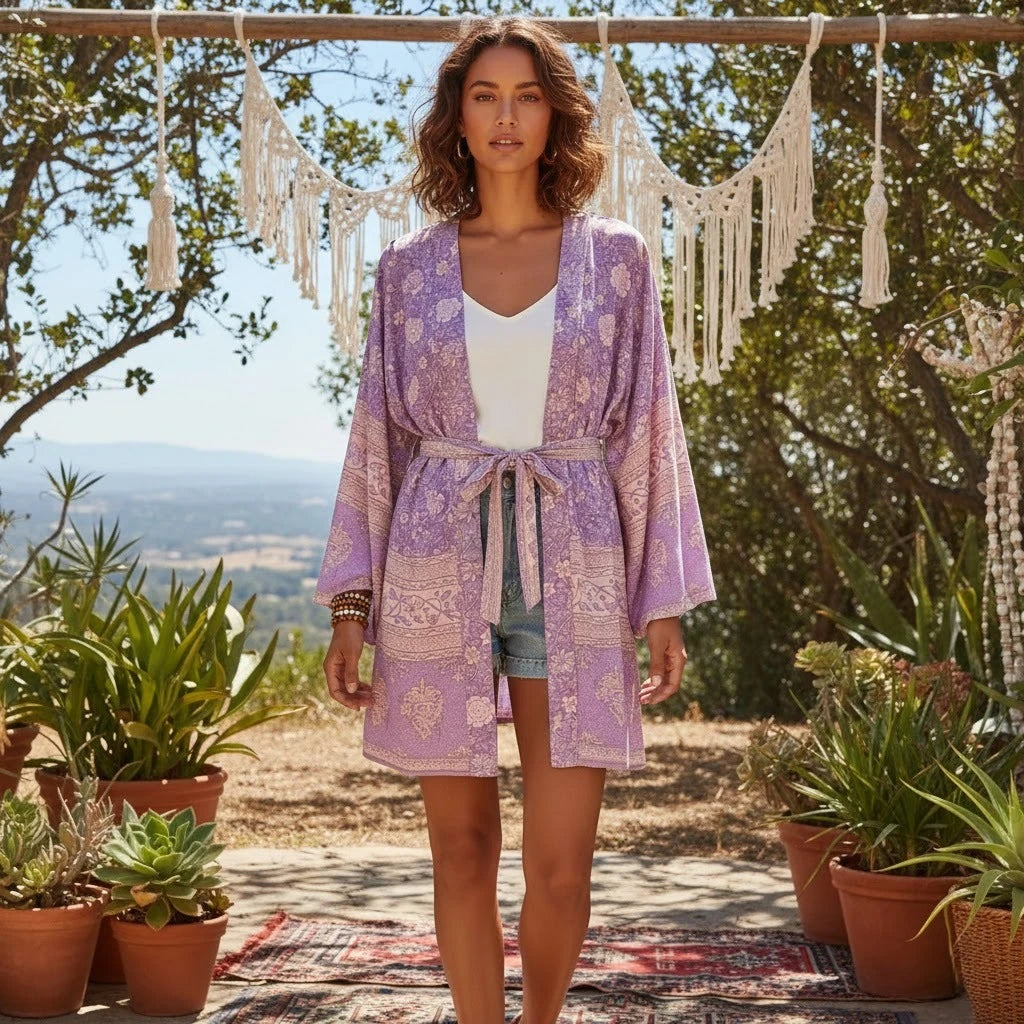Kimono De Plage Mauve Fleuri