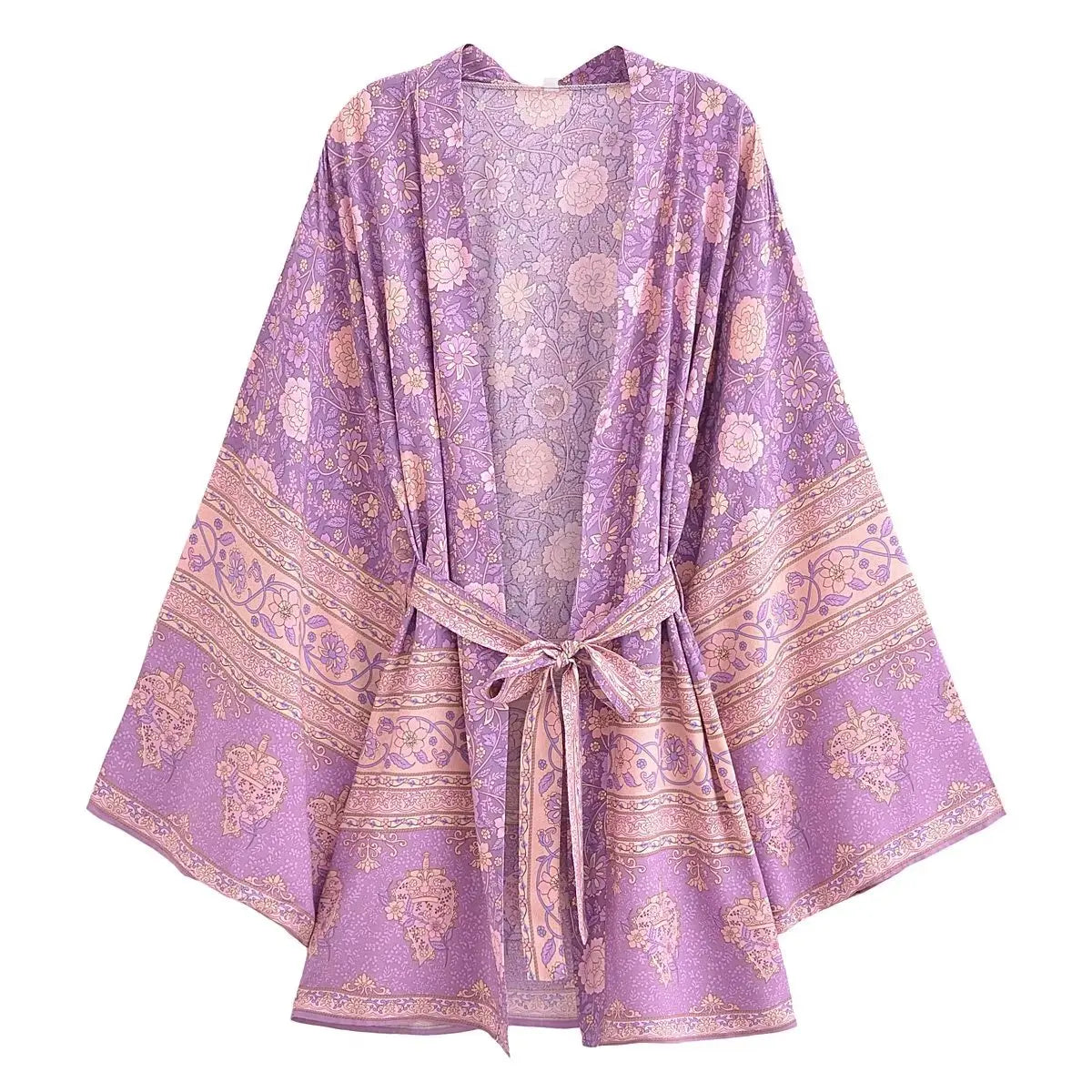 Kimono De Plage Mauve Fleuri fluide