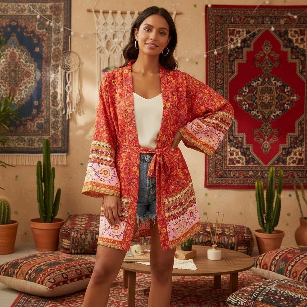 Kimono De Plage Stylé Court Rouge