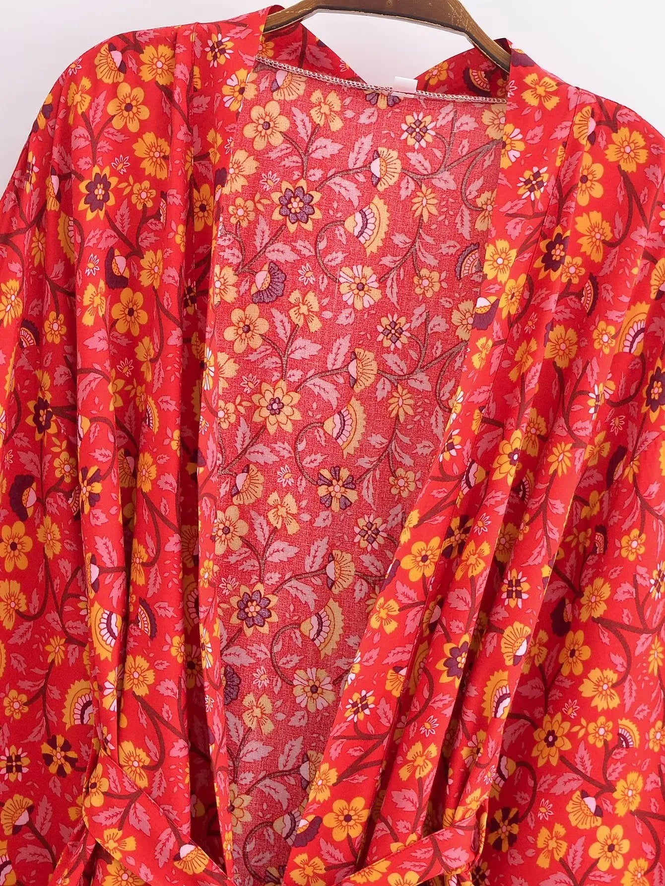 Kimono De Plage Stylé Court Rouge fleuri