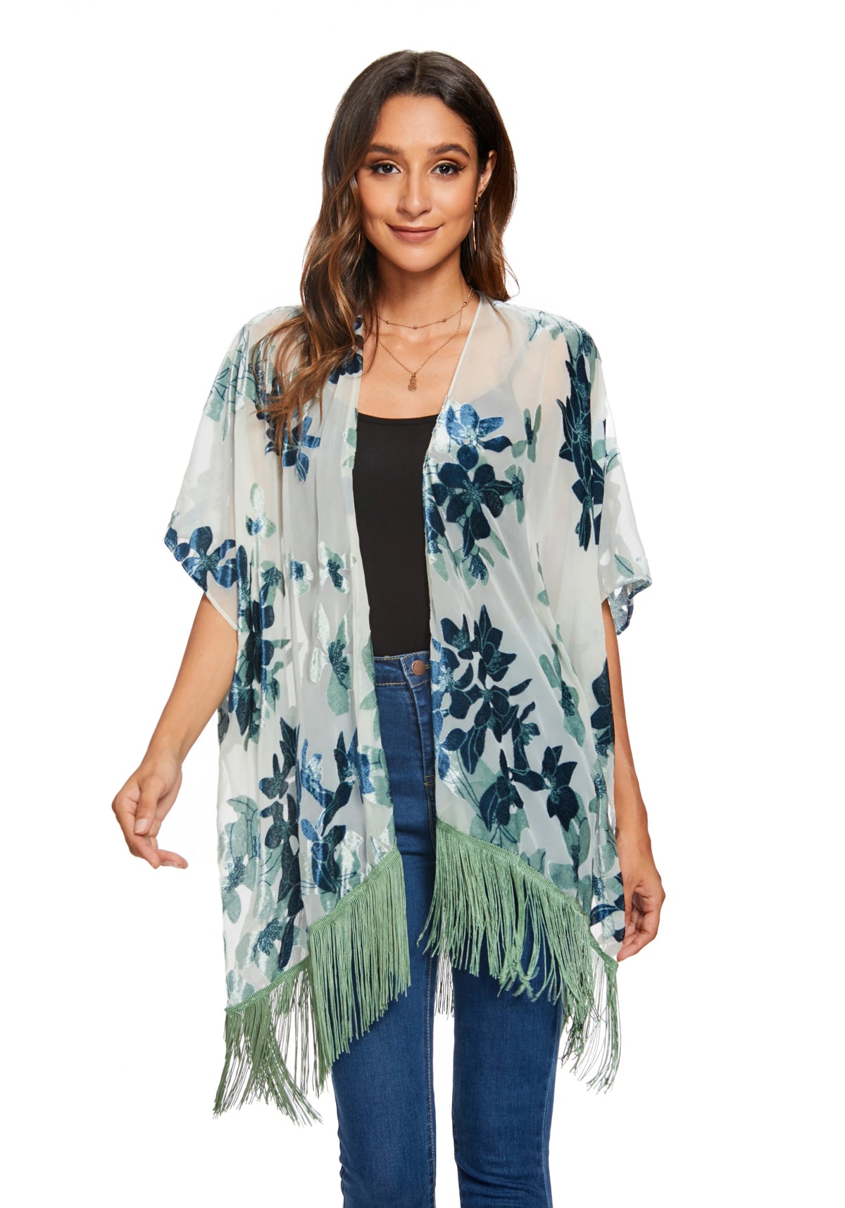 Kimono Fleuri Bleu à Franges Stylé