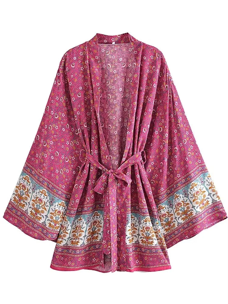 Kimono Fleuri Mi-long Rose Stylé
