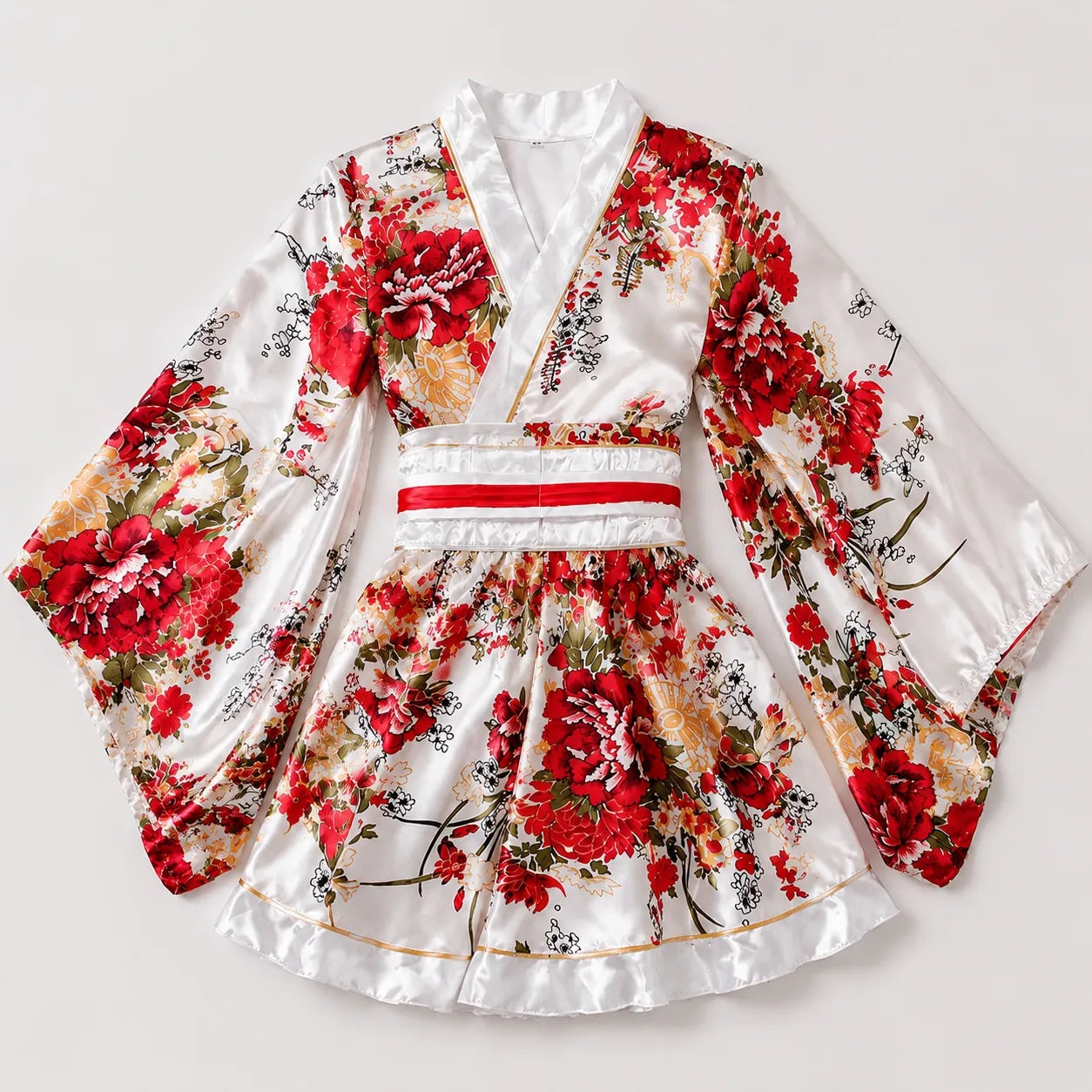 Kimono Japonais Blanc Fleuri Rouge Design