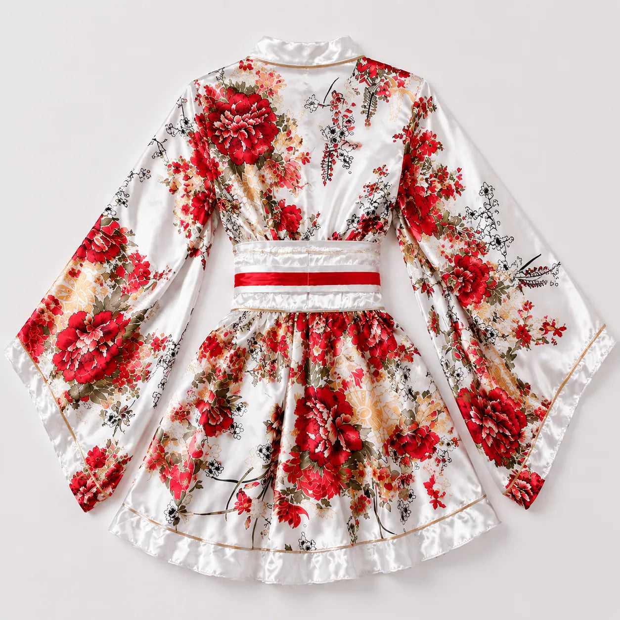 Kimono Japonais Blanc Fleuri Rouge Stylé