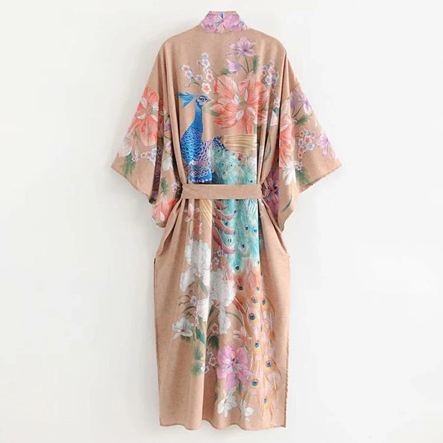 Kimono Long Beige à Fentes Design