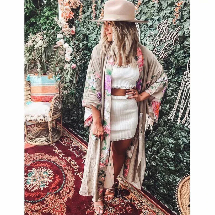 Kimono Long Beige à Fentes Stylé