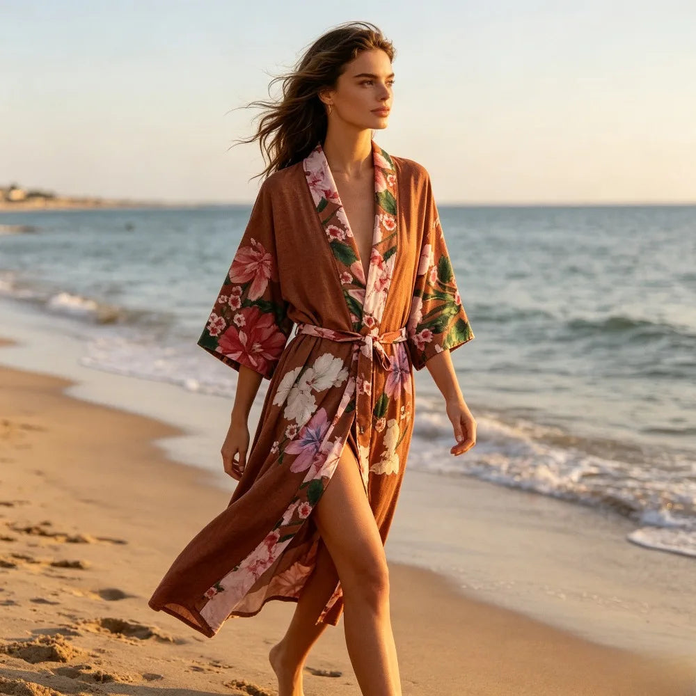 Kimono Marron à Motifs Floraux