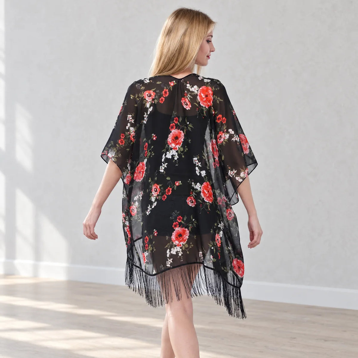 Kimono Mi Long Noir Fleuri Design