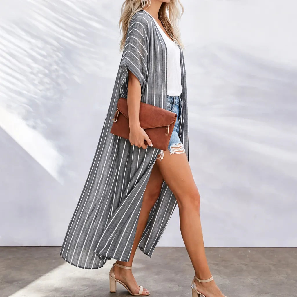 Kimono Plage Gris Rayé Léger