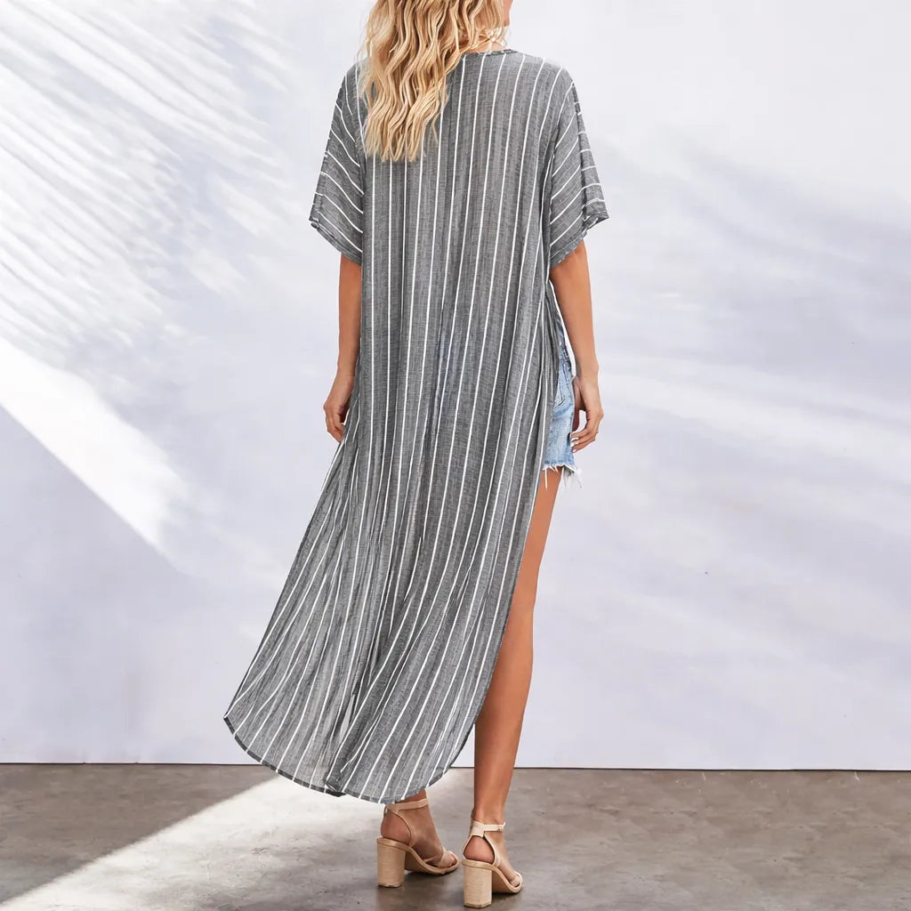 Kimono Plage Gris Rayé Long