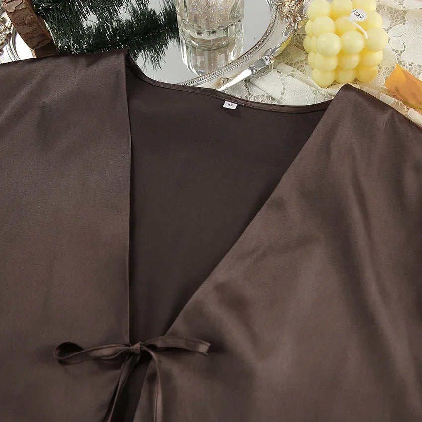 Kimono Pyjama Marron Satiné avec noeud