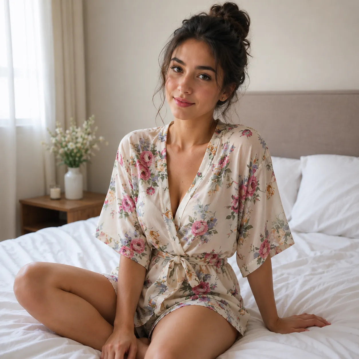 Kimono de Nuit à Motifs Rose Court