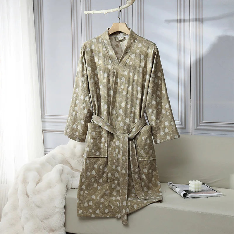 Kimono de Nuit en Coton imprimé Marron