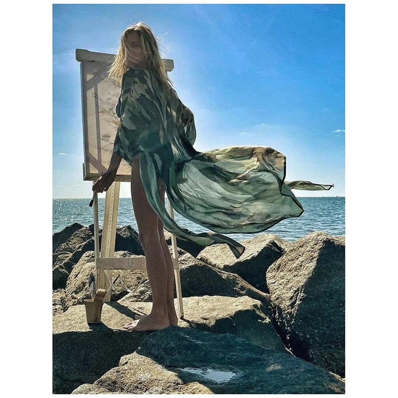 Kimono de Plage à Fentes En Mousseline Vert chic