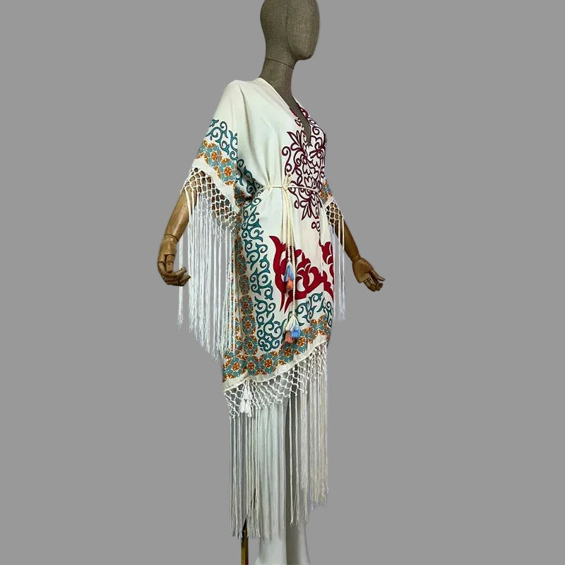 Kimono de Plage à Franges Blanc Imprimé Design
