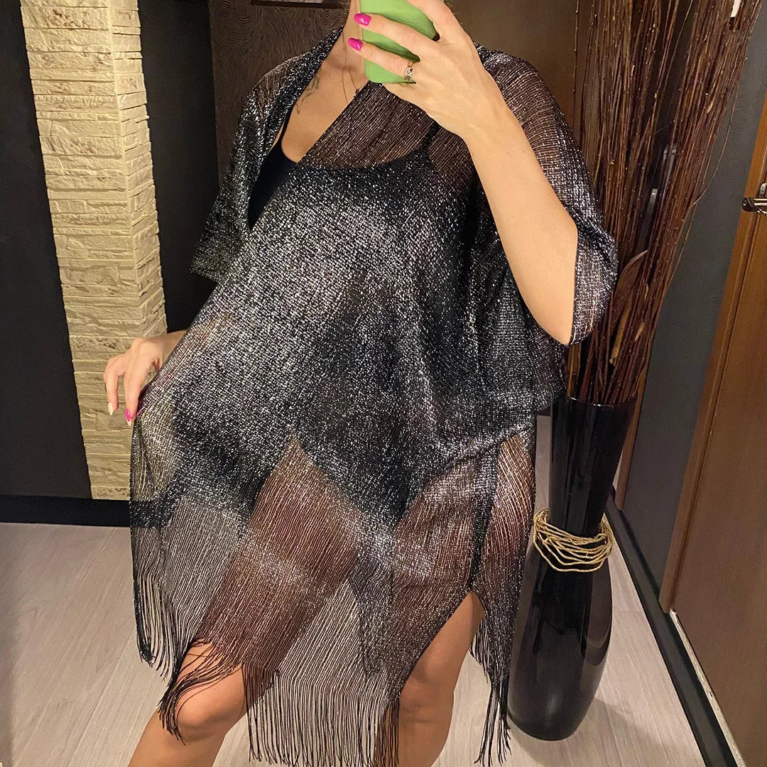 Kimono de Plage Noir Brillant court
