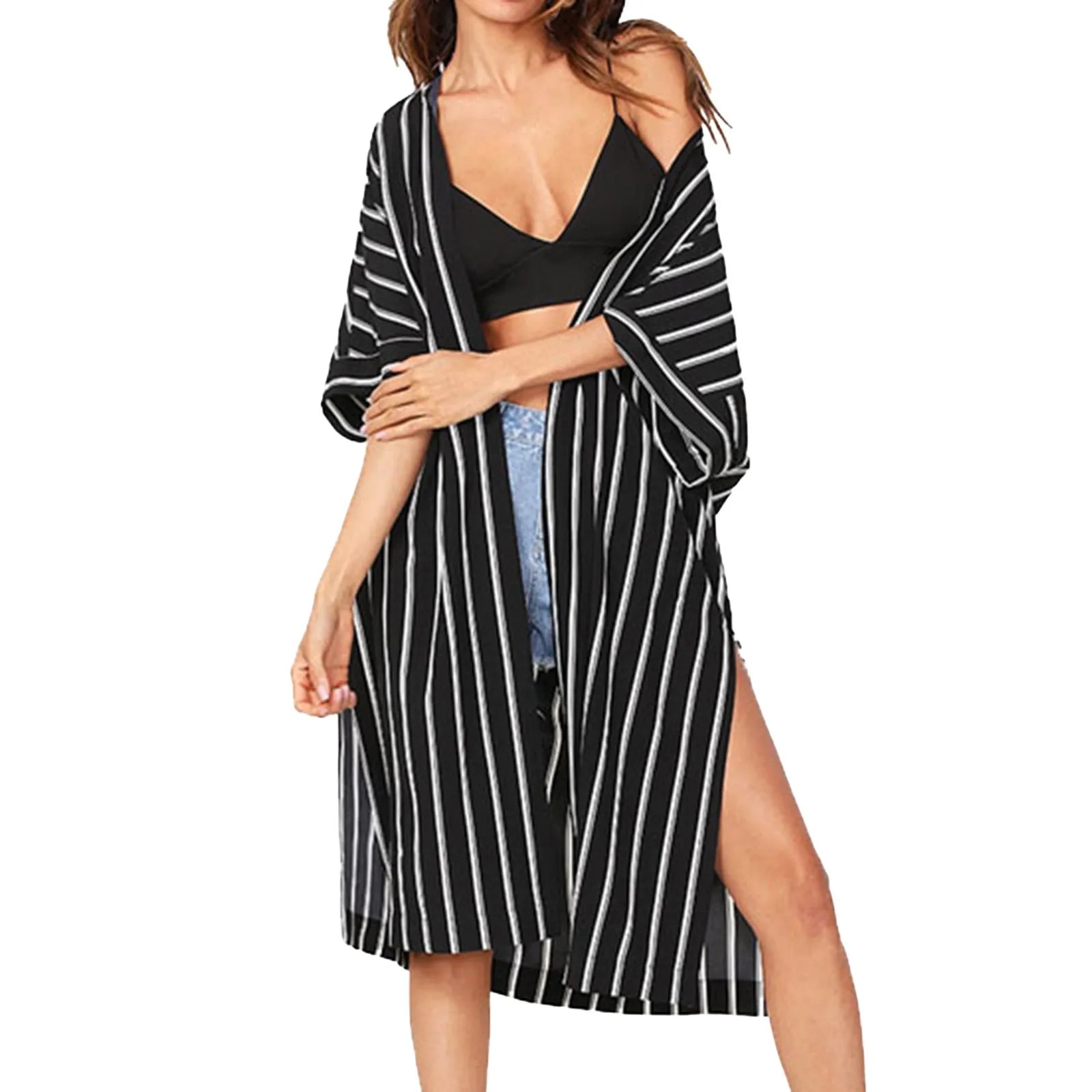 Kimono de Plage Noir à Fentes Design