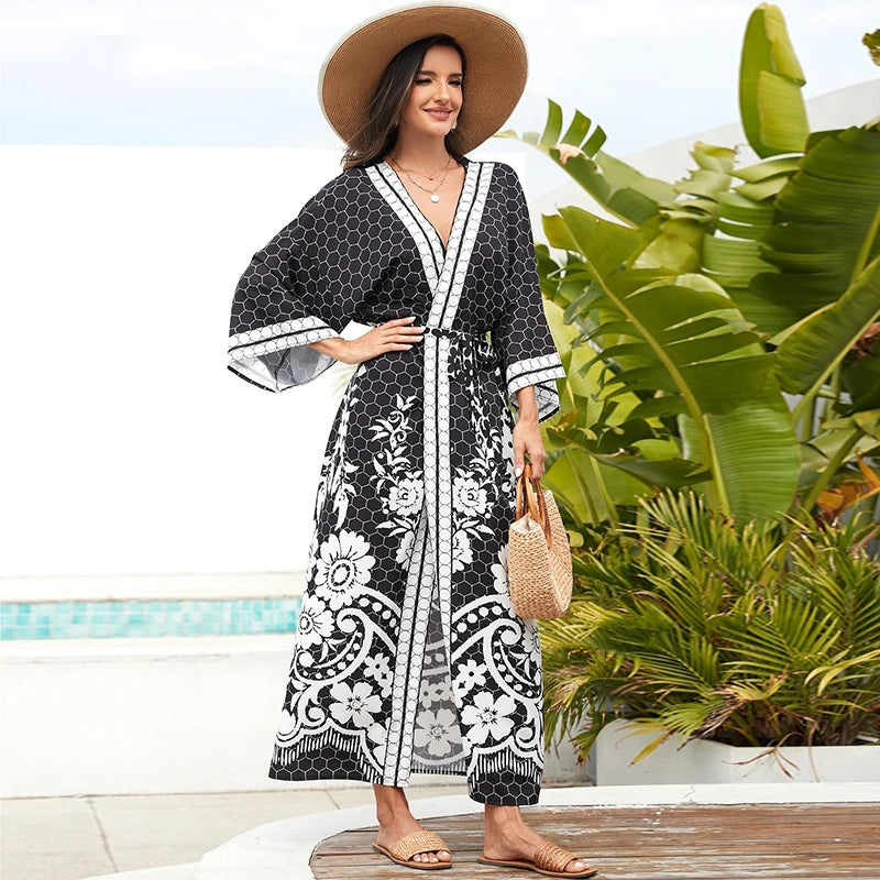 Kimono de Plage Noir à Motifs Géométriques