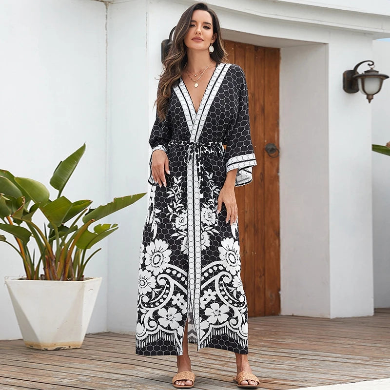 Kimono de Plage Noir à Motifs Géométriques léger