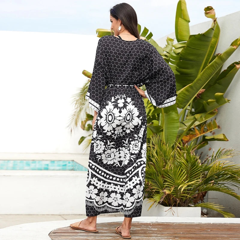 Kimono de Plage Noir à Motifs Géométriques tropique