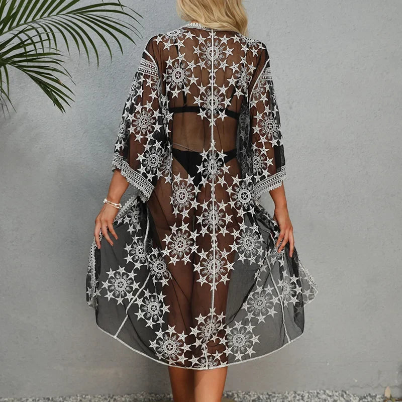 Kimono de Plage Noir à étoiles sexy