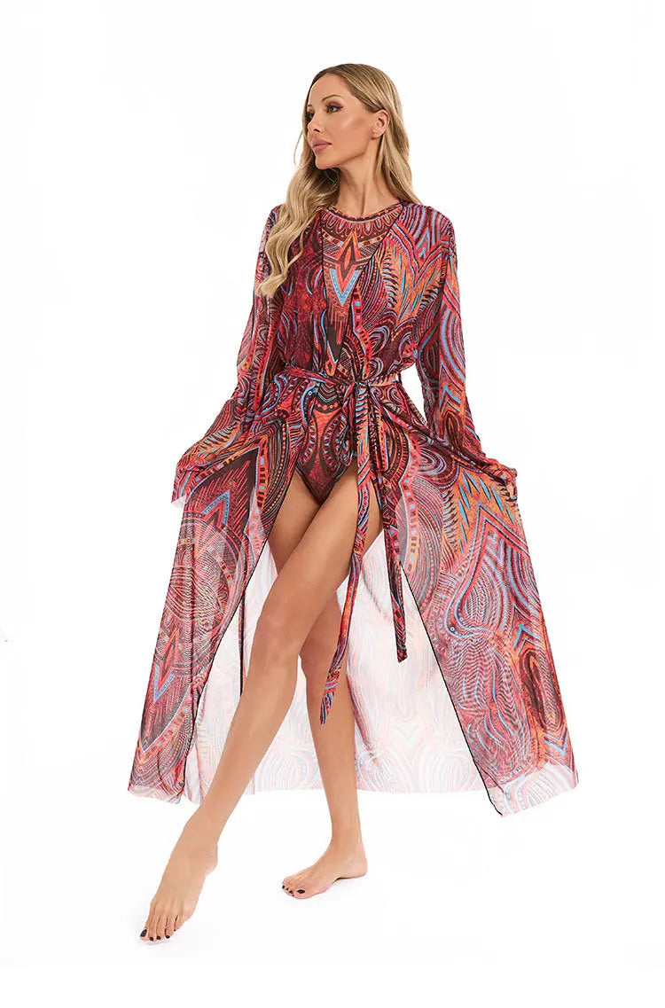 Kimono de Plage Rouge Transparent Fluide