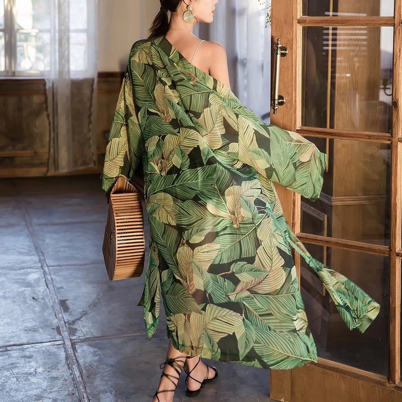 Kimono de Plage Vert à Feuillage chic