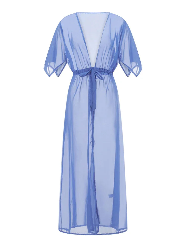 Kimono de Plage d’Eté Bleu Long Léger