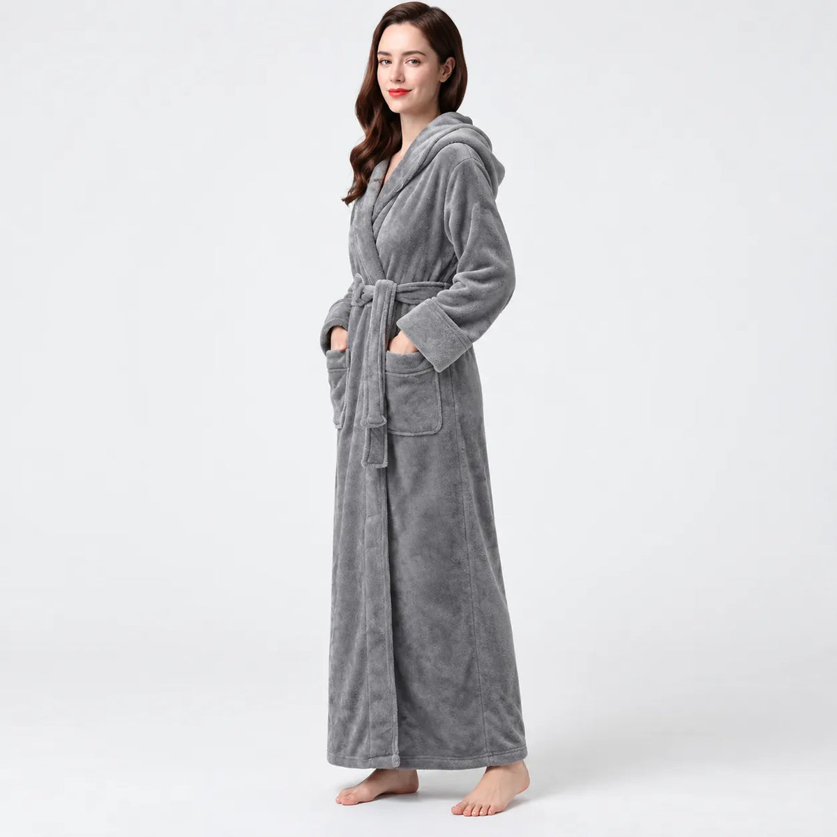 Peignoir Eponge Velours Femme Gris Polaire