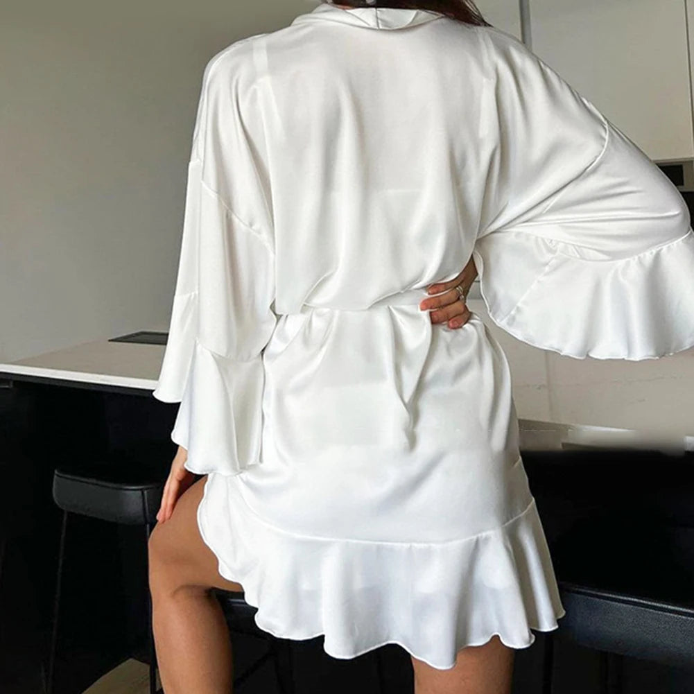 Peignoir Kimono Blanc d’Été à Volants Stylé