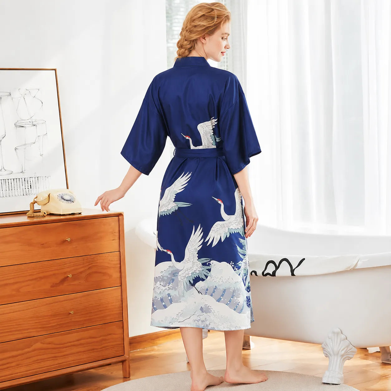 Peignoir Kimono Bleu Grues Stylé