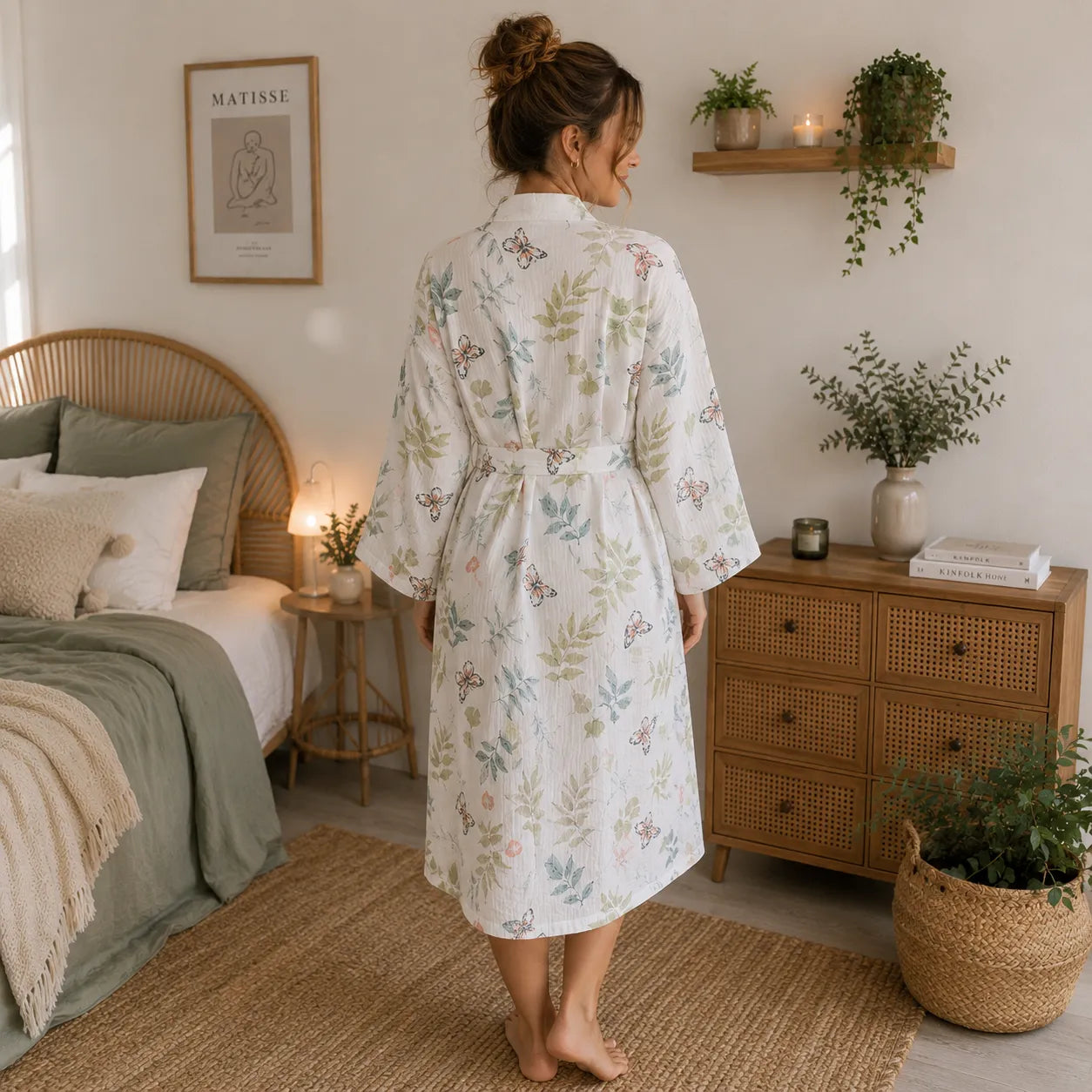 Peignoir Kimono Confortable à Feuillages Dos