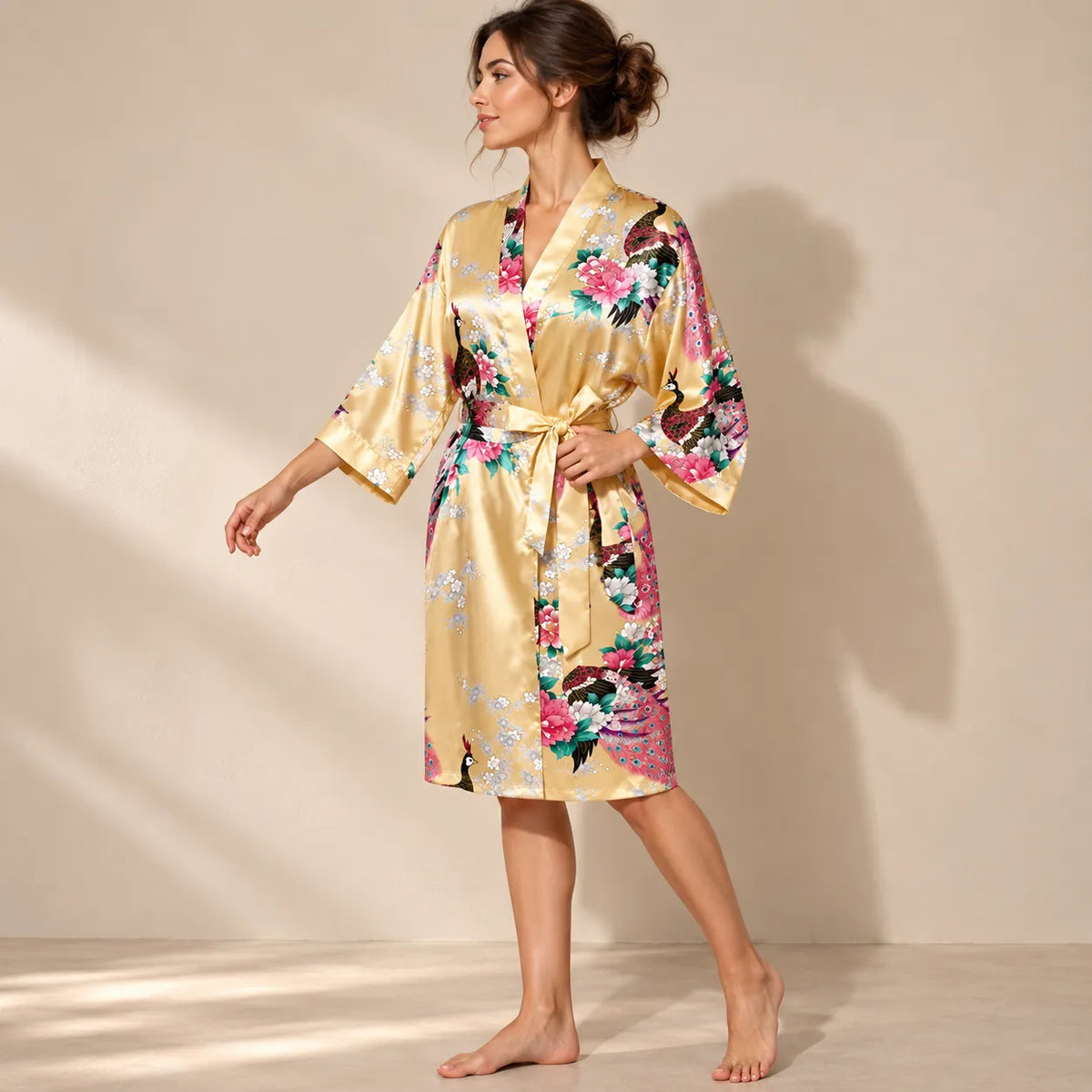 Peignoir Kimono Jaune Fleuri