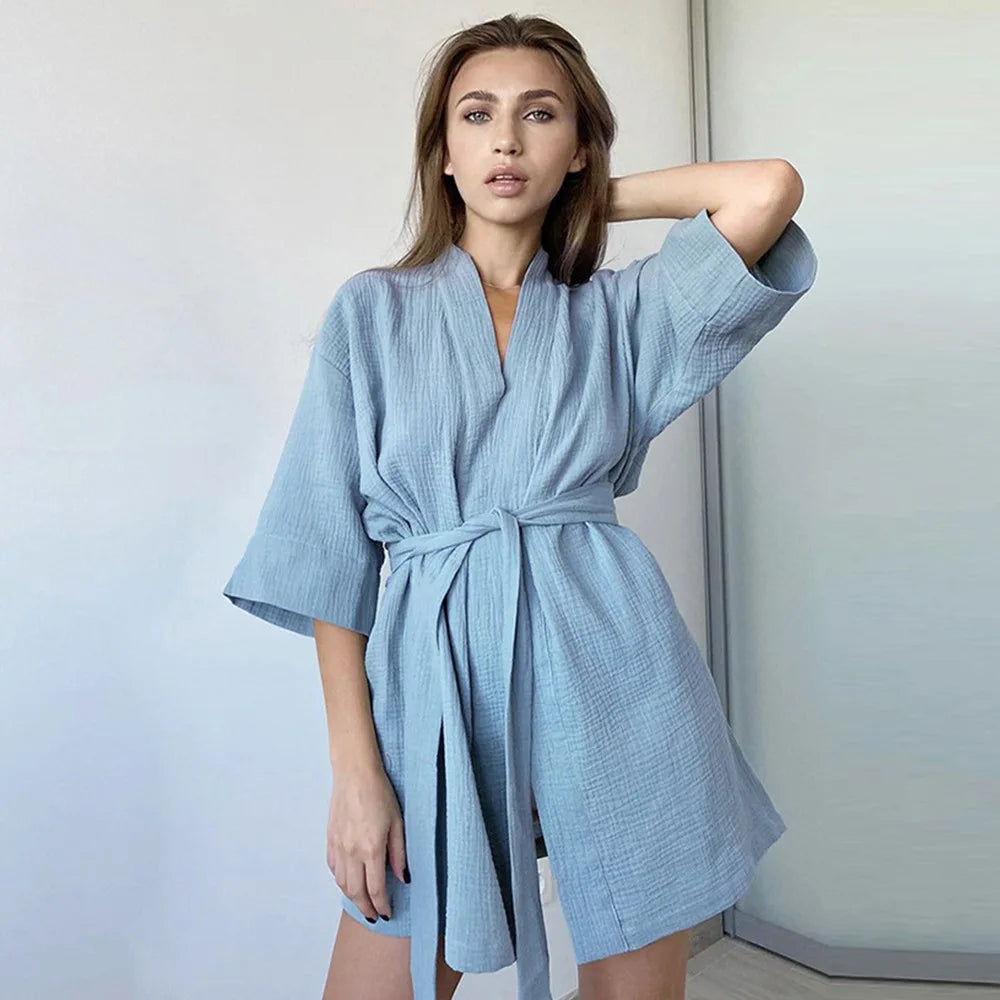 Peignoir Kimono Manches Courtes Bleu