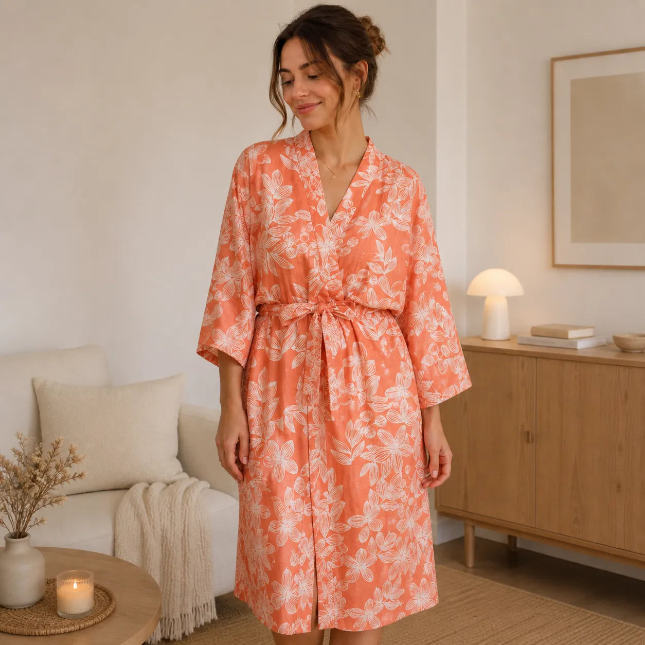 Peignoir Kimono Orange en Coton à Feuillages