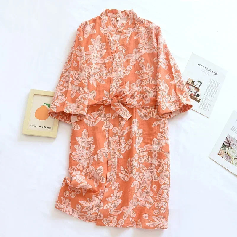 Peignoir Kimono Orange en Coton à Feuillages Stylé