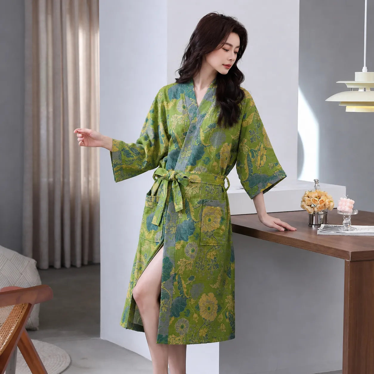Peignoir Kimono Vert Fleuri