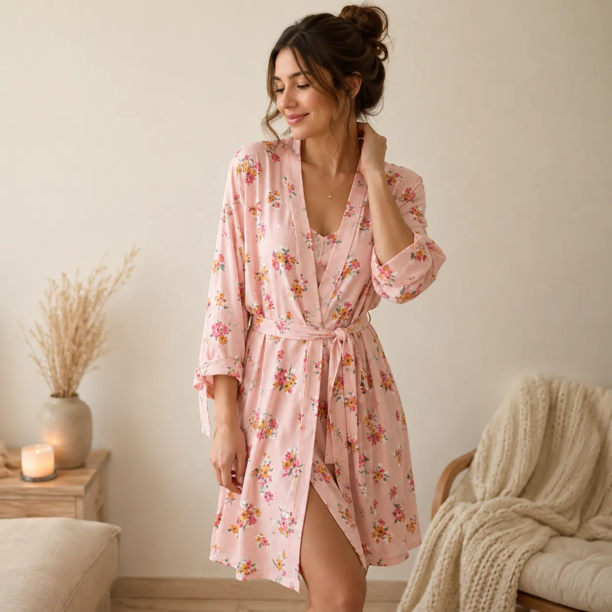 Peignoir Kimono de Nuit Fleuri Rose