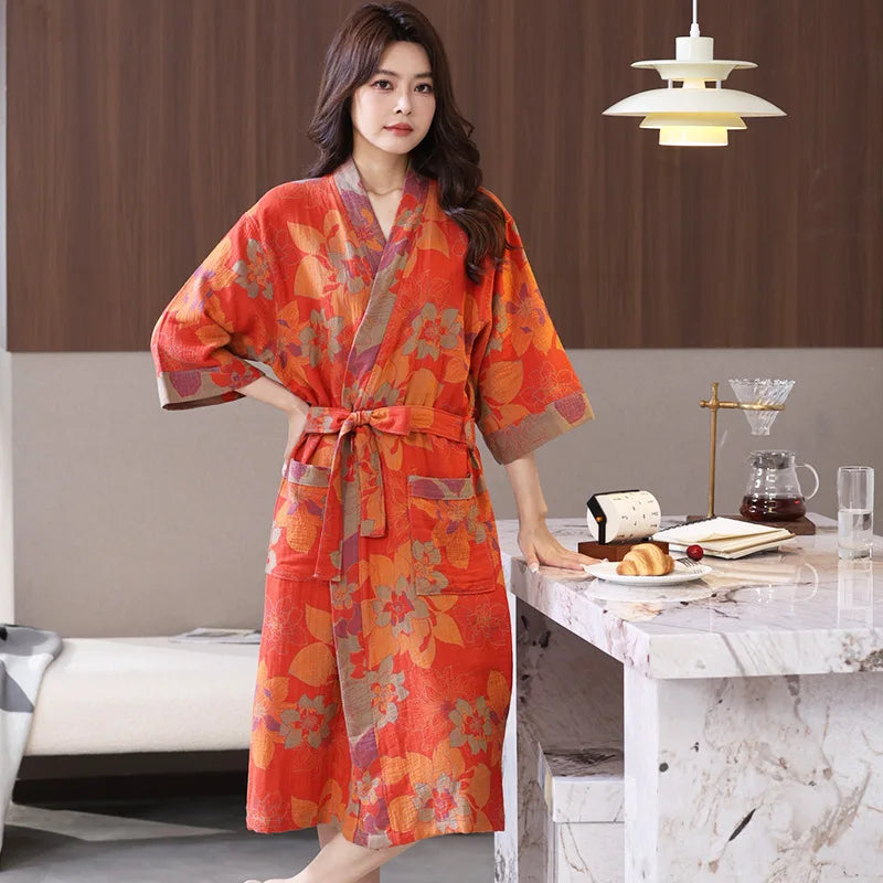 Peignoir Kimono en Coton à Fleurs