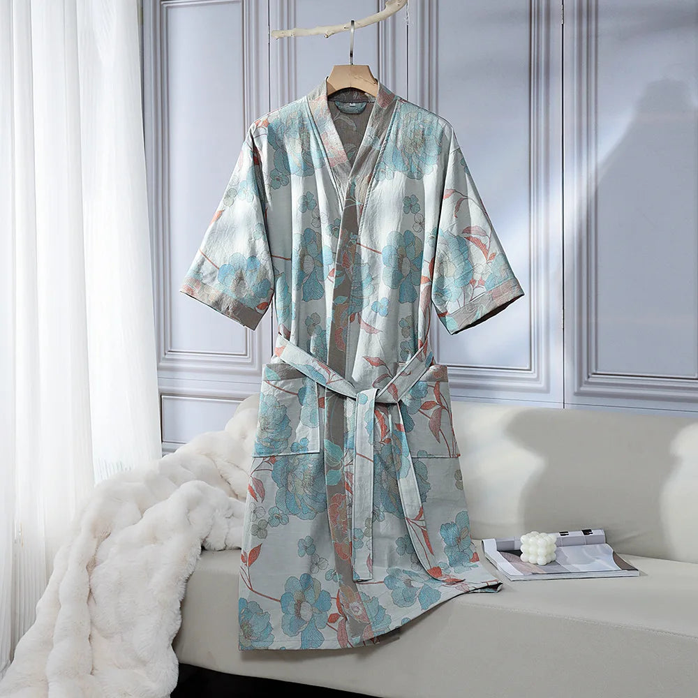 Peignoir Kimono en Coton à Fleurs Bleues Chic