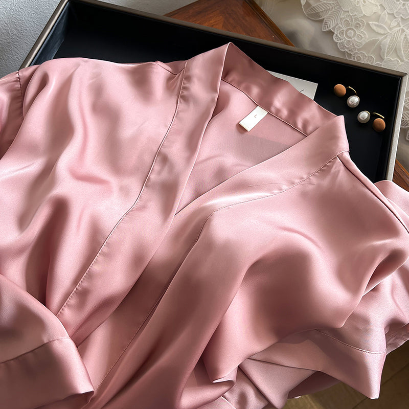 Peignoir Kimono en Soie Rose Col
