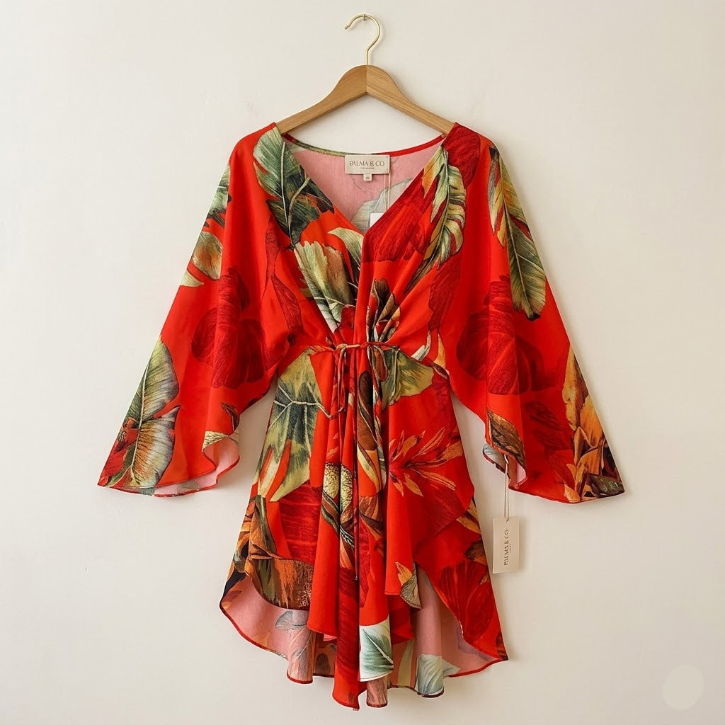 Petite Robe Kimono Rouge Chauve-Souris léger