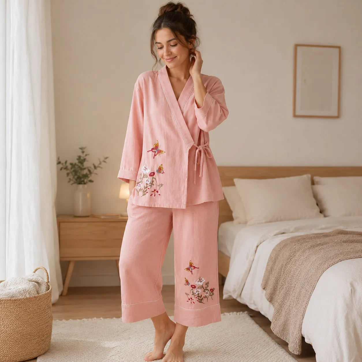 Pyjama Japonais Femme Brodé Rose